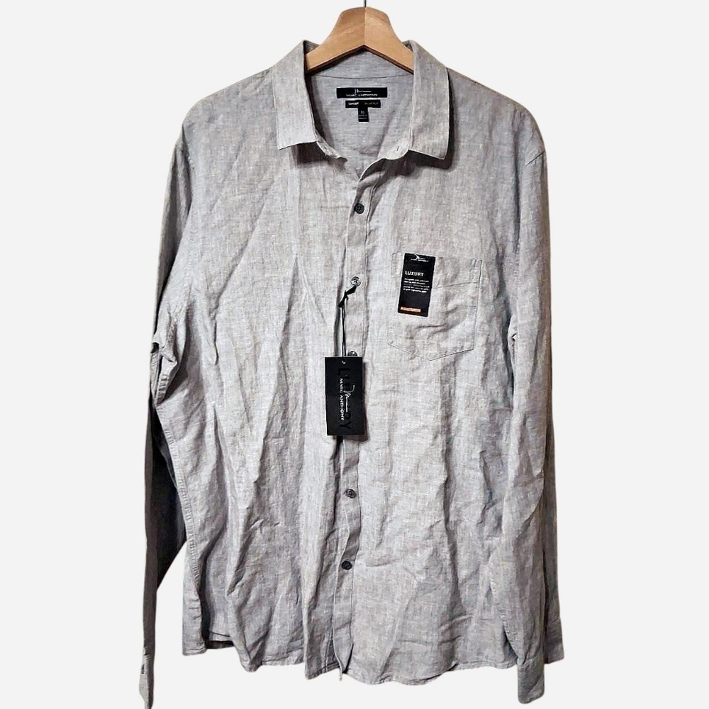 Marc Anthony Slim Fit Button Down Shirt Size XL, Gray Linen/Cotton NWT